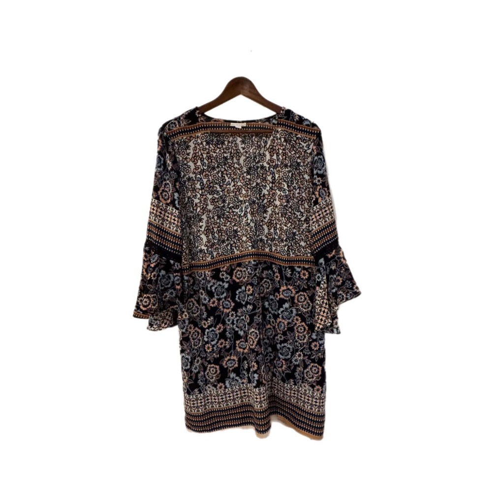 Monteau Floral Shift Dress Womens Medium Navy Pink Excellent Bell Sleeve Boho